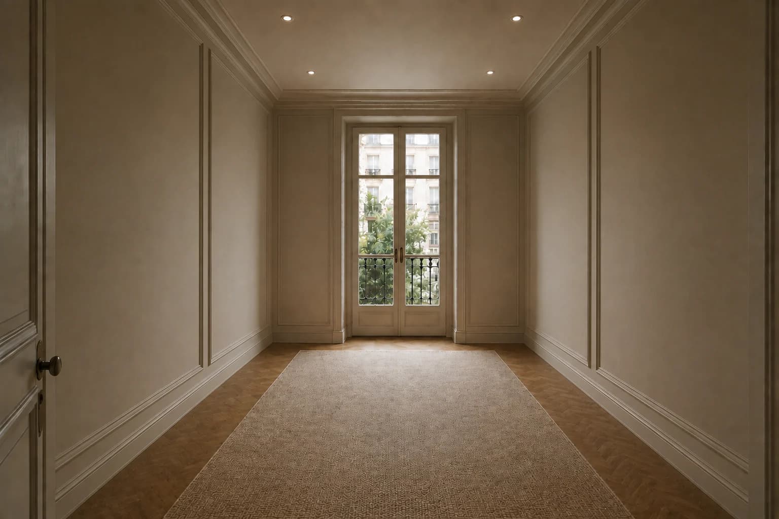 Couloir en boiseries claires, nu, avant l'aménagement du dressing