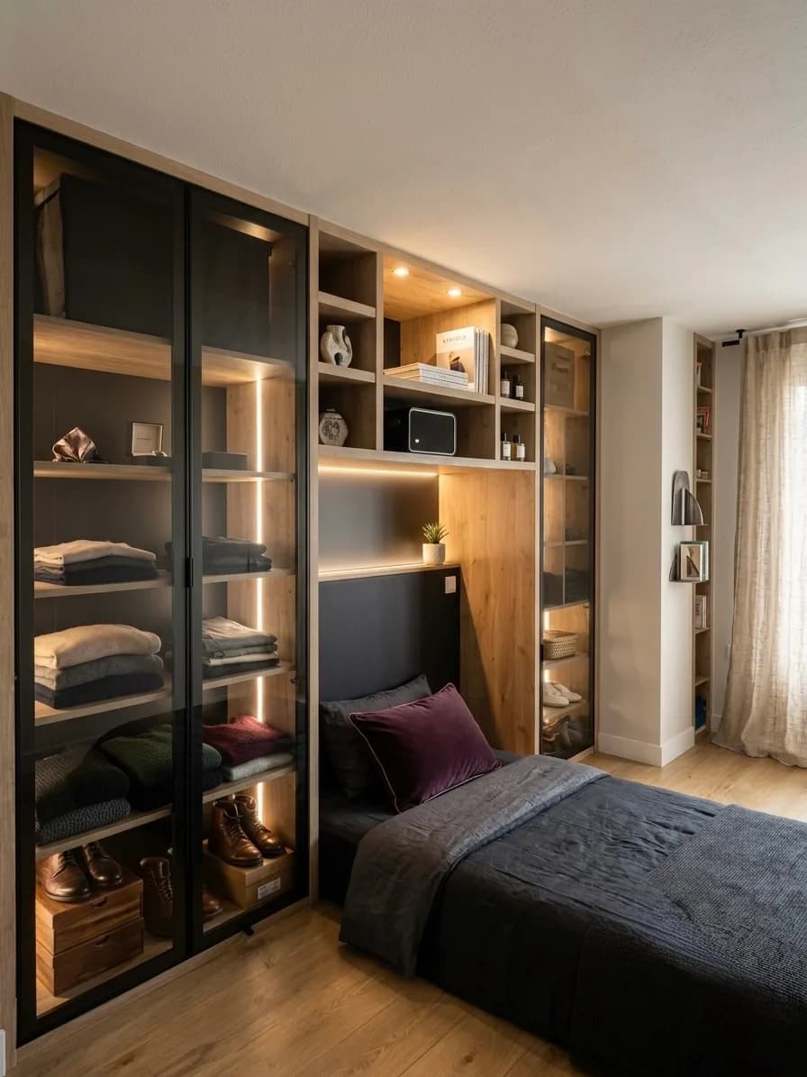 Dressing à portes vitrées fumées et structure chêne, éclairé par bandeaux LED, ouvert sur la chambre