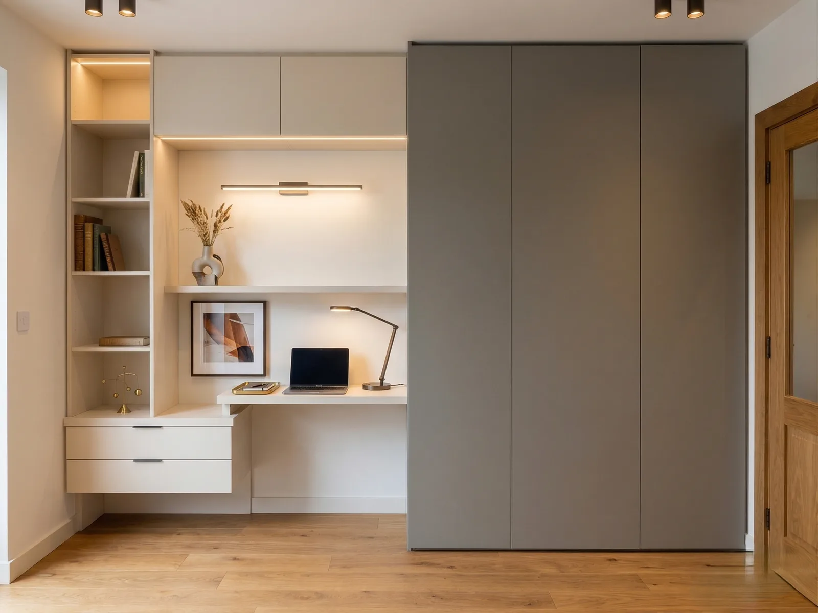 Rangement taupe toute hauteur et étagères éclairées encadrant un bureau intégré